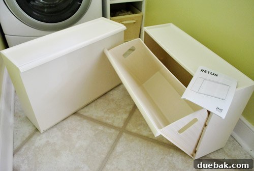 Ikea Retur bins stacked in laundry room