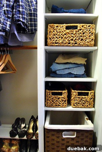 Celebrating April's Apex 20 A neatly organized closet with clothes folded, shoes aligned, and storage bins in place after a thorough decluttering.