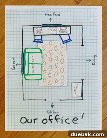 Floor plan showing the unsuccessful desk and sofa swap in the home office.