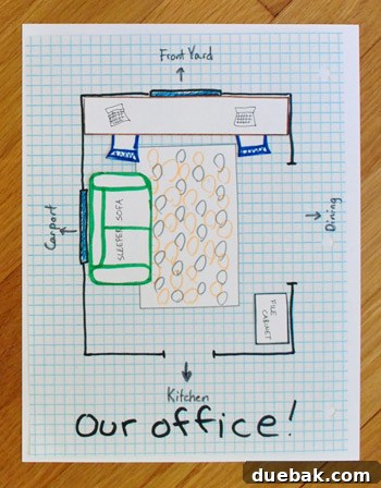 Proposed floor plan with a custom built-in desk under the front window.
