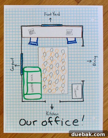 Floor plan showing sofa and rug shifted to a corner, creating an unbalanced look.