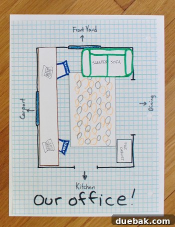 Final proposed floor plan with a built-in desk on the long wall, maximizing workspace and storage.