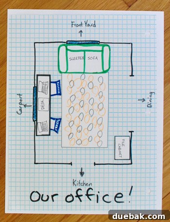 Current home office floor plan with desk on the long wall and sleeper sofa by the window.
