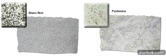 The Golden Rule of Granite Always Choose Your Slab 2 Comparison of Blanc Noir and Pashmina granite slabs, highlighting pattern and movement differences