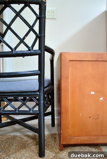 Six Dollar Cabinet Score 12 Cabinets measured against a chair to determine ideal desk height