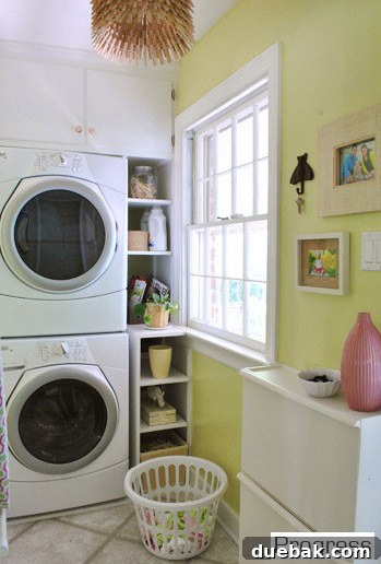 Narrow but efficient laundry space in the current house, feeling happier and less prone to clutter