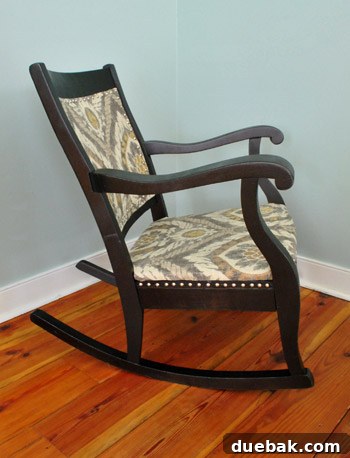 Transform Your Rocking Chair with Fabric and Nailhead Upholstery 20 Side view of the transformed rocking chair