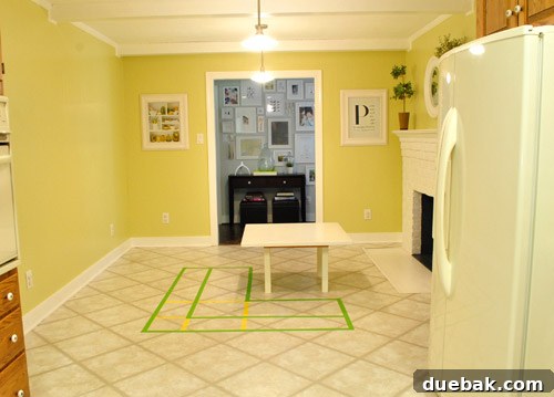 Kitchen Unfiltered 12 Mock-up of a square table within the taped banquette area