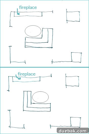 Comparison sketch illustrating different banquette seating orientations in relation to a corner fireplace for optimal room balance.