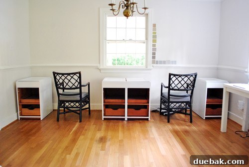 From Thrifted Cabinets to a Massive Shared Desk 20 Fully painted and elevated cabinets before reattaching doors