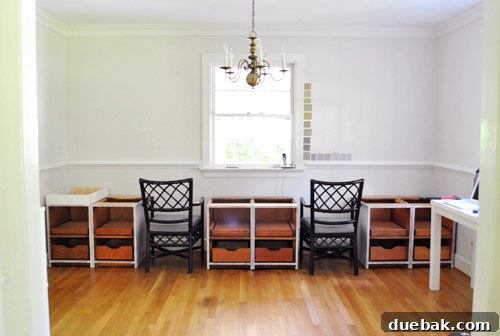 From Thrifted Cabinets to a Massive Shared Desk 3 Cabinets initially placed in the sunroom for space planning