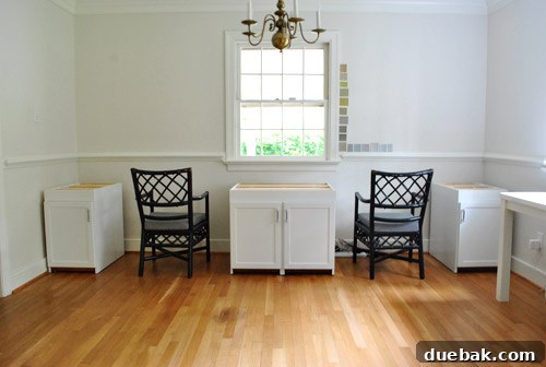 From Thrifted Cabinets to a Massive Shared Desk 21 Painted cabinets with doors reattached, looking like a built-in