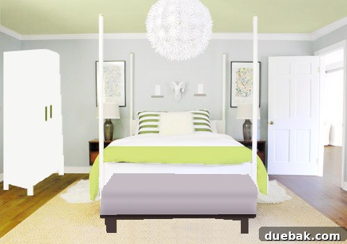 A Photoshop rendering of a bedroom with design ideas including a bright throw, a plum bench, and a green-gold ceiling, illustrating future decor plans.