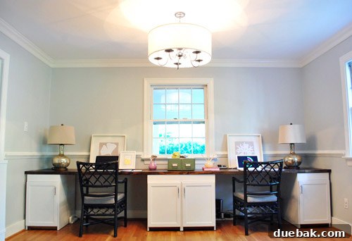 Revitalize Your Old Chandelier With Paint and a Shade Swap 2 Updated indigo blue light fixture in a modern home office