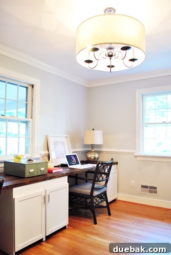 Revitalize Your Old Chandelier With Paint and a Shade Swap 29 Office space with the large, updated indigo blue chandelier