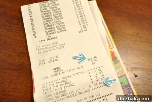 Our Secret to a Fully Stocked Frugal Fridge 14 A grocery receipt showing a total amount and the savings achieved through couponing, after a major restocking trip.