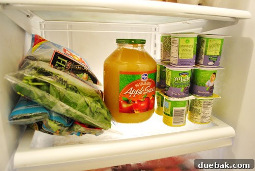 Our Secret to a Fully Stocked Frugal Fridge 18 A view inside the refrigerator door, showing condiments, drinks, and other items neatly placed in the door compartments.