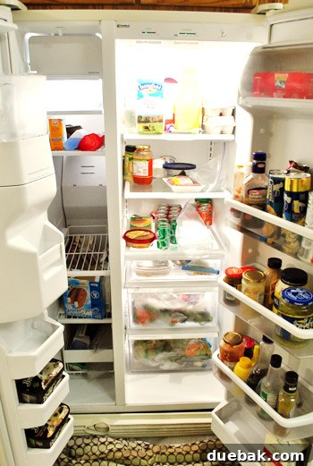 Our Secret to a Fully Stocked Frugal Fridge 3 An open, partially empty refrigerator revealing a few remaining items and the aftermath of a power outage.