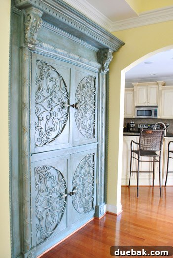 Close-up of the custom cabinet's details, showing craftsmanship.