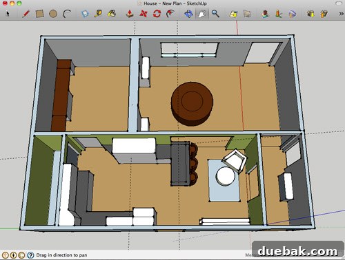 Google SketchUp 3D view of a kitchen with structural elements and measurements