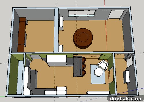 Updated kitchen floor plan illustrating improved straight-line flow with the new peninsula