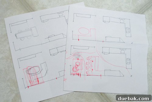 Various kitchen layout sketches, including banquette modifications and traditional table setups