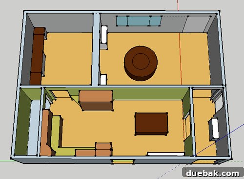 Current kitchen floor plan showing a floating table and separate dining area