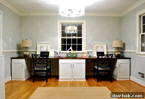 Wall Stenciling Secrets and Stunning Transformations 6 Evening view of a home office highlighting the subtle texture of the stencil under artificial light, creating a cozy ambiance
