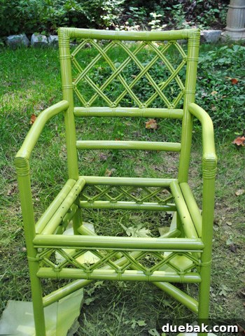 Mastering Chair Painting 10 A freshly spray-painted chair in the new grellow color, showcasing a smooth, even finish and vibrant appearance.
