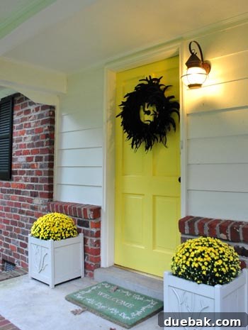 Detailed shot of the black feather wreath on the yellow front door, showing texture and design.