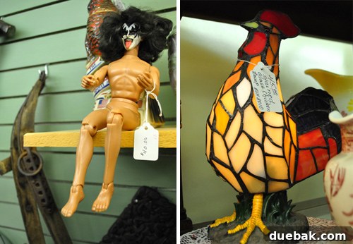 Humorous quirky items: naked KISS action figure and stained glass 'Beyoncé'