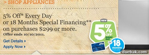 Secrets To Deep Discounts On Kitchen Appliances 6 Graphic indicating a 5% discount with Lowe's credit card.