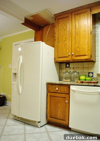 Revolutionize Your Kitchen: Smart Cabinet and Appliance Relocation 2 Kitchen before appliance relocation with old fridge