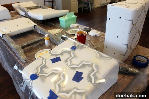 Amy stenciling unassembled leather bar stool components