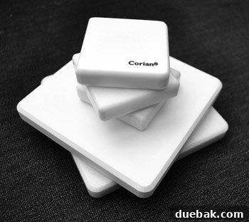 Choosing Your Ideal Counter Option 8 White solid surface countertop samples including Corian Glacier White