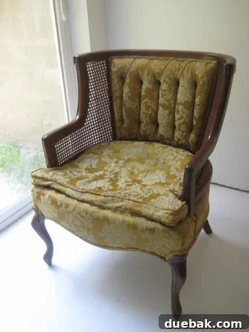 Dated, granny-style chair discovered at a thrift store, showcasing its initial condition before renovation.