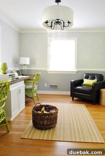 Gray Horse by Benjamin Moore: Our Chair Rail Update 5 Desk area with new lamps and accessories