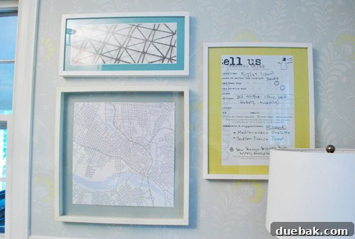 Create A Stunning Home Office Gallery Wall 3 Close-up of John's art wall featuring a typographic map and a framed comment card