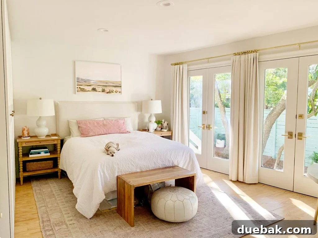 Serene Florida bedroom featuring a faded pink traditional rug under the bed, adding a touch of vintage charm and softness.