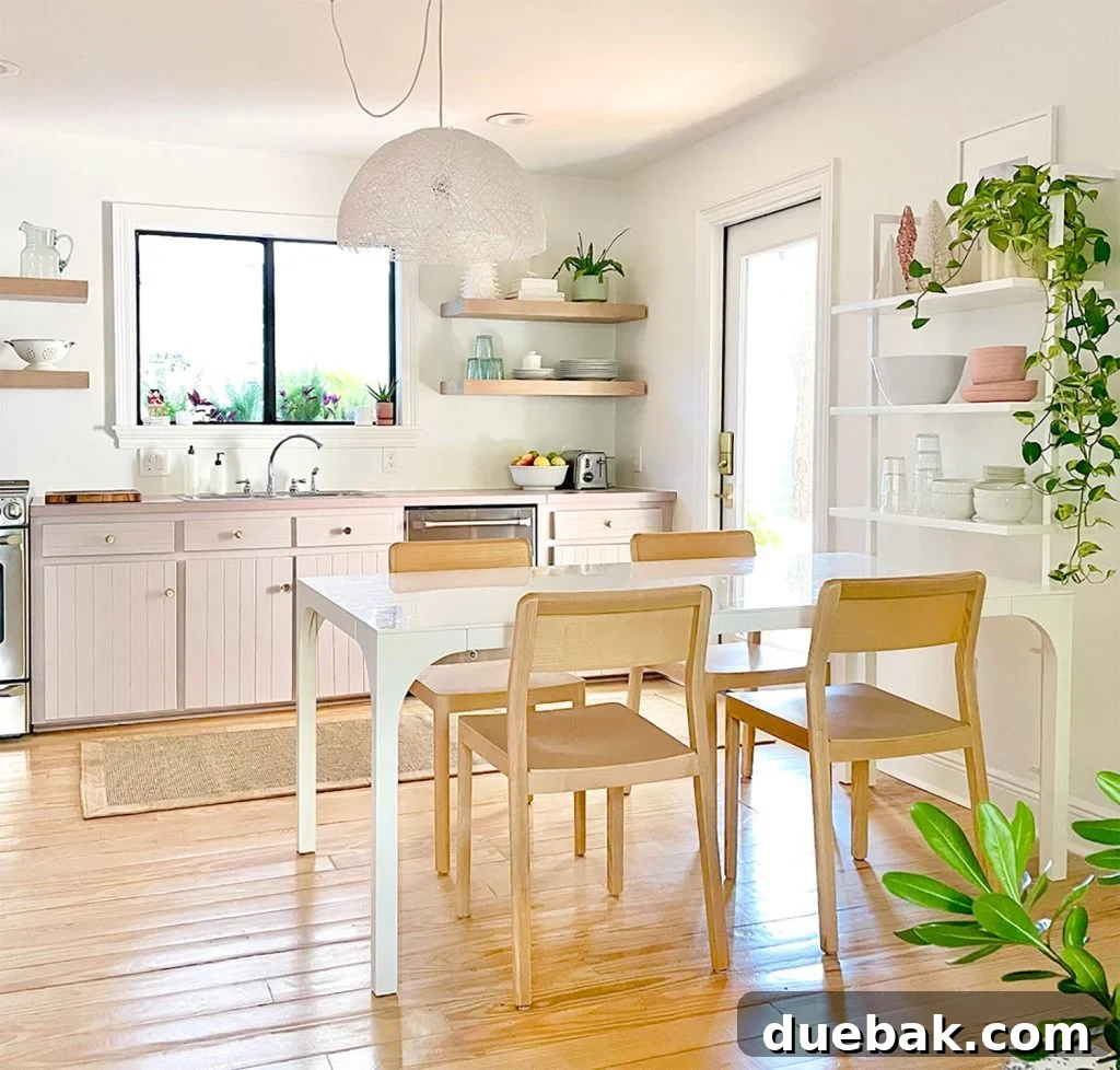 Bright Florida kitchen with mauve cabinets and a natural jute runner, combining modern style with practical durability.