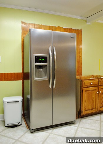 DIY Built-In Refrigerator Installation 17 Side-by-side comparison showcasing the dramatic improvement of the built-in refrigerator enclosure