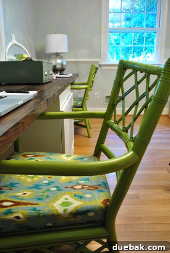 Office chair with new green paint and bold upholstery