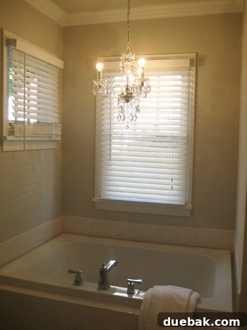 Grand master bathroom featuring a chandelier-capped soaking tub for a spa-like experience