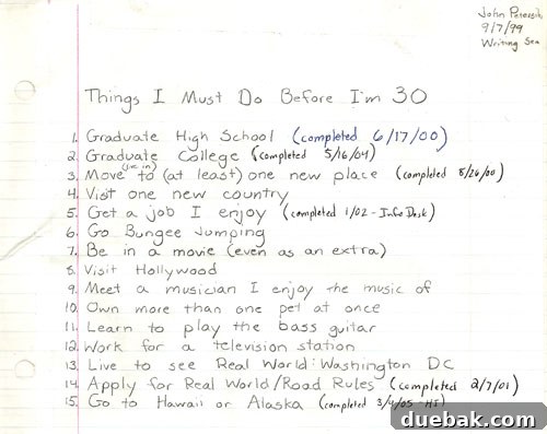 The Zero Three Directive 9 Handwritten 'things to do before I'm 30' list from high school, with some items marked 'completed'