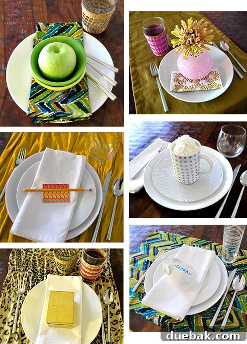 Six diverse Thanksgiving table settings, showcasing creative and last-minute decor ideas with everyday items like apples, patterned paper, and hot cocoa mugs.
