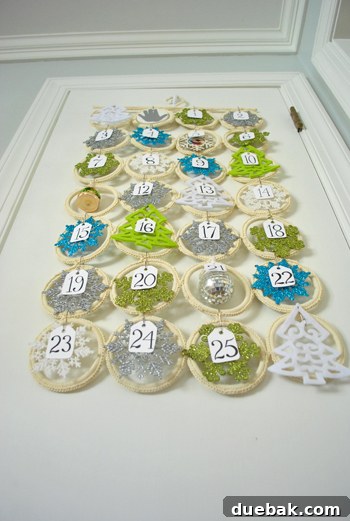Advent calendar viewed from a low angle, showing it from a child's height.