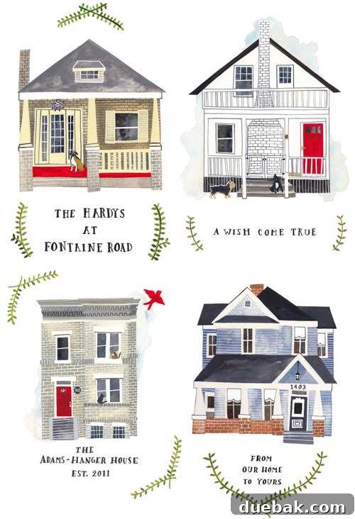 Delightful Home Art Download 2 Charming custom illustrated house portrait by Rebekka Seale, featuring a cozy home with unique architectural details.