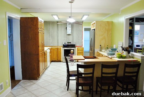Real life messy kitchen during renovation with tools and materials