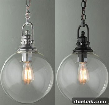 An inspiration image showing a clear glass globe industrial pendant light, potentially for the kitchen peninsula.