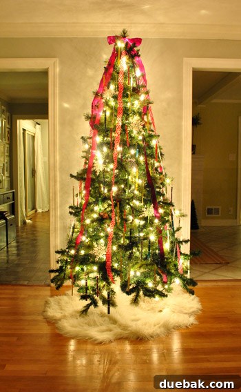 Close-up of a Christmas tree with a decorative ribbon bow on top.